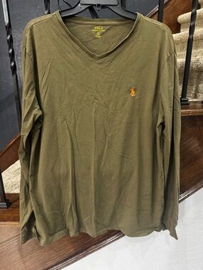 Large Polo by Ralph Lauren Olive Long Sleeve V-Neck with Orange Pony